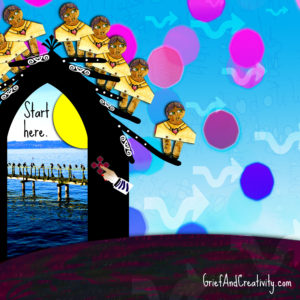 Art journal digital collage of a doorway of a house with paper dolls on the roof, blue sky, and thru the door is an ocean, yellow sun, and the words Start Here.