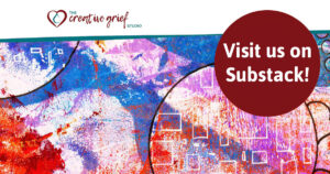 mixed media art in blues and oranges with red bubble on top saying visit us on substack and the cgs logo at the top